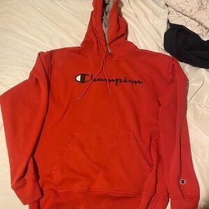 Champion Logo Script Hoodie Pull Over Sweater Red